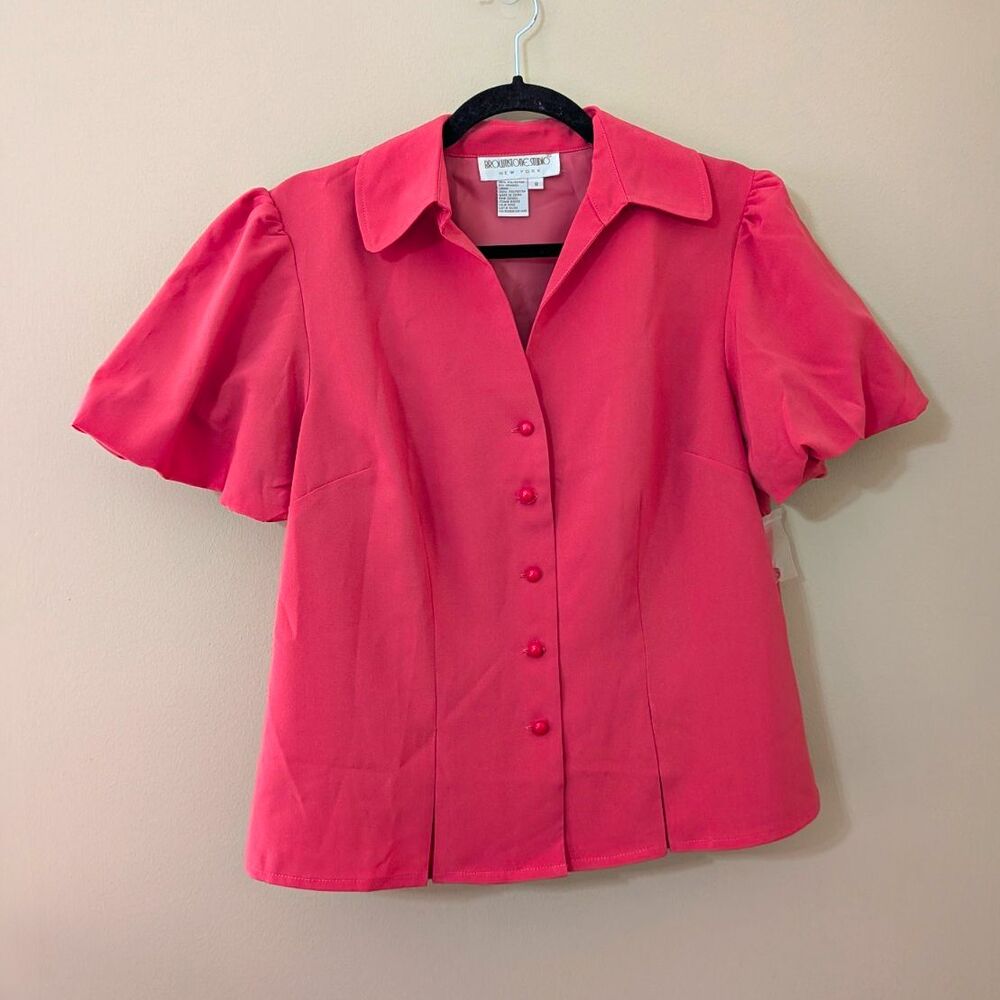 Brownstone Studio New York Pink Collared Button Front Solid Puff Sleeve Blouse 8